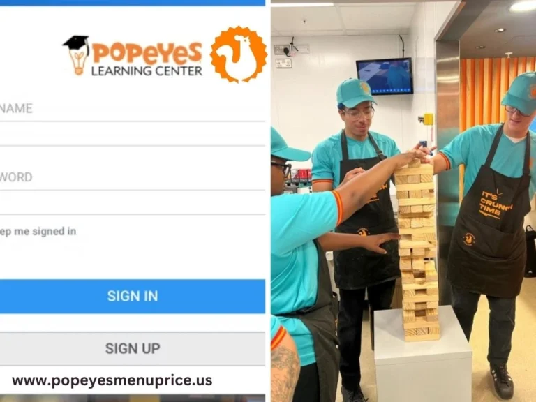 A digital screenshot of the Popeyes Learning Center login page. The page features the Popeyes logo, fields for "NAME" and "NORD ID," a prominent orange "SIGN IN" button, and a smaller "SIGN UP" link. The URL "www.popeyesmenuprice.us" and the tagline "IT'S CRUNCH TIME" are visible at the bottom.