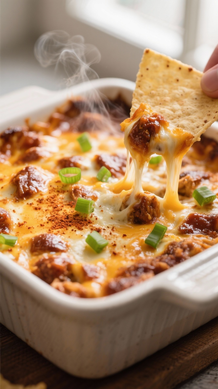 Close-up detail: A bubbling BBQ Chicken Dip just out of the oven in a small 8x8 ceramic baking dish,