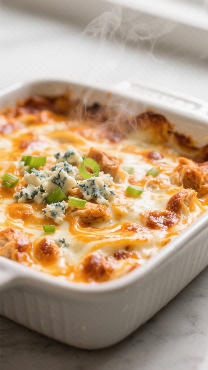 Close-up detail: A bubbling Buffalo Chicken Dip just out of the oven in an 8x8 ceramic baking dish,