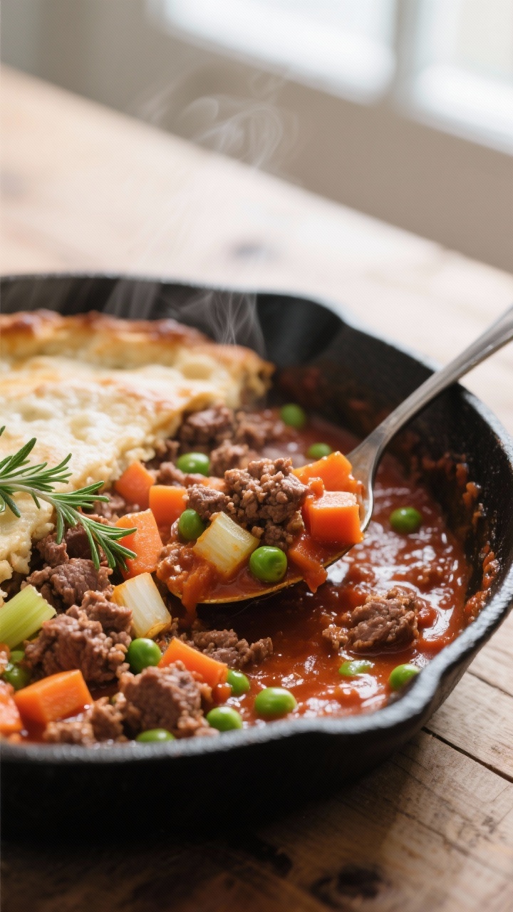 Close-up detail: A bubbling layer of rich lamb and vegetable filling just before topping, showing br