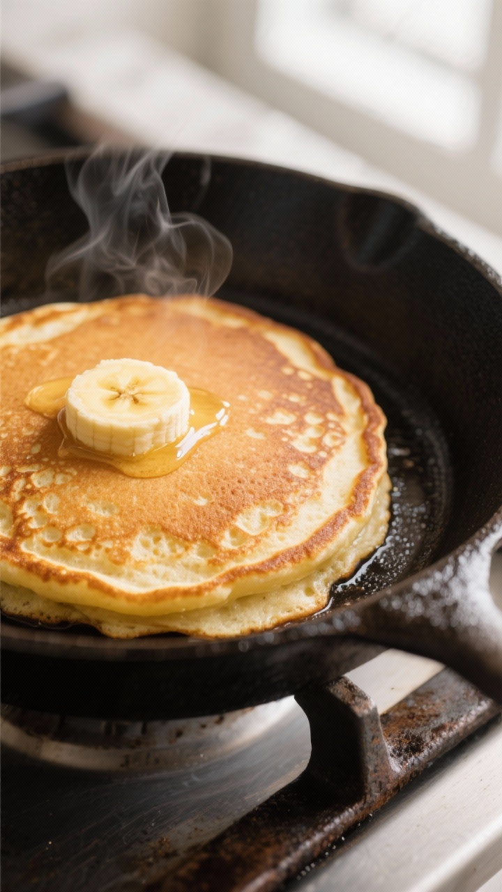 Close-up detail: A fluffy banana pancake just flipped in a seasoned cast-iron skillet, golden-brown