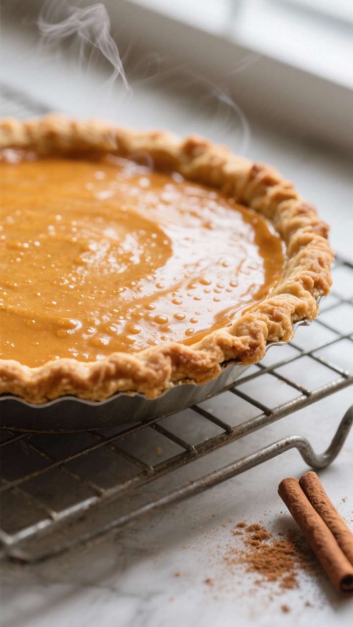 Close-up detail: A freshly baked pumpkin pie cooling on a wire rack, edges set with a gentle wobble