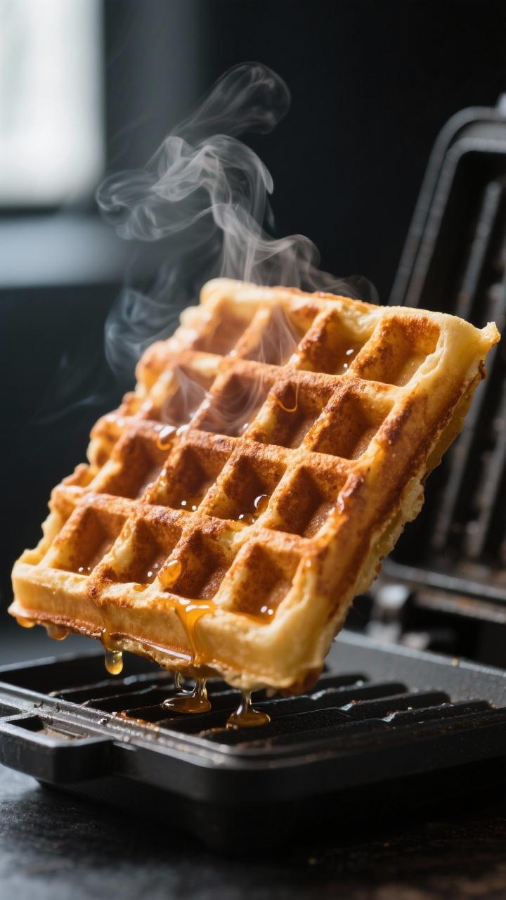Close-up detail: A golden, freshly cooked waffle just lifted from a hot waffle iron, steam gently ri