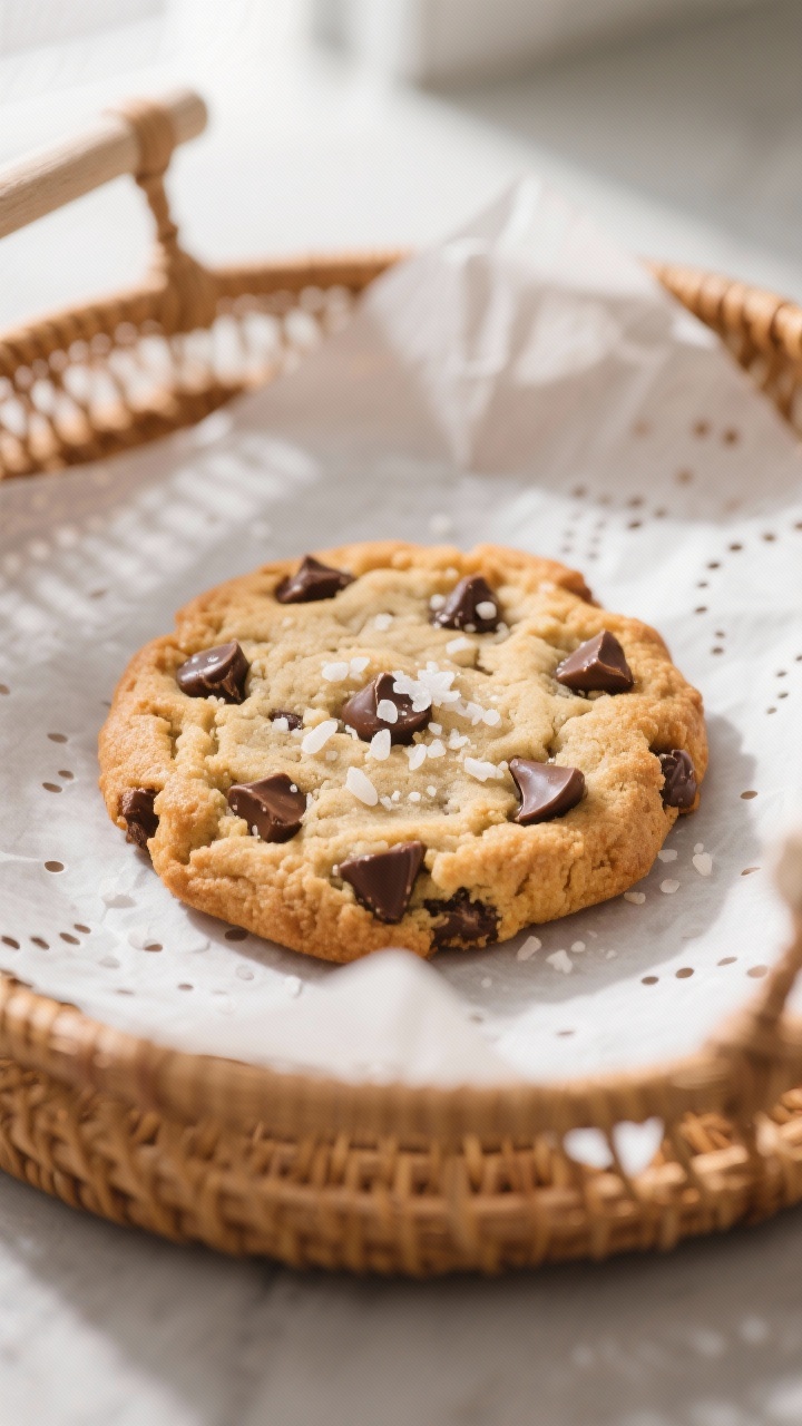Close-up detail: A just-baked air fryer chocolate chip cookie resting in the basket on fitted parchm