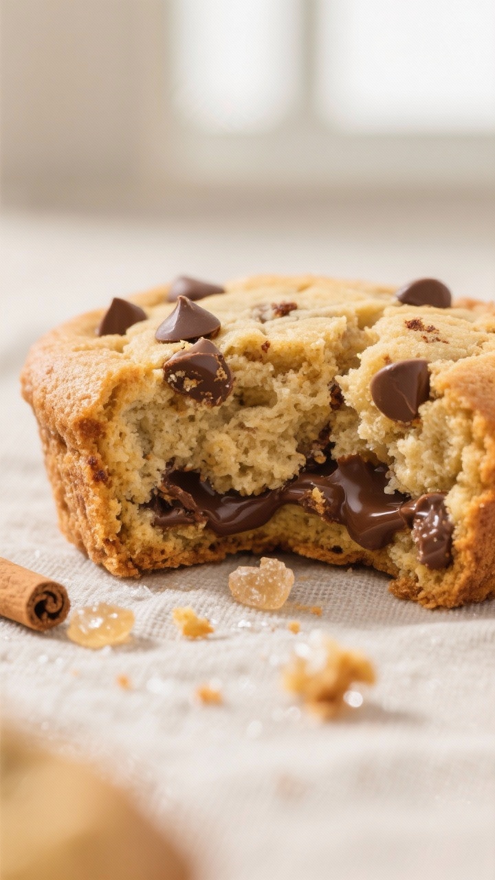 Close-up detail: A just-baked banana bread cookie cracked open to show the soft, slightly cakey inte