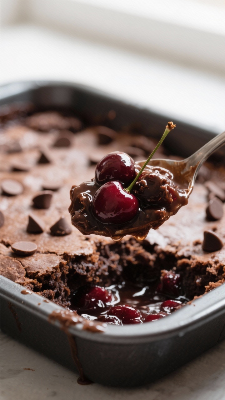 Close-up detail: A spoonful of warm chocolate cherry dump cake lifted from the pan, showing gooey, j