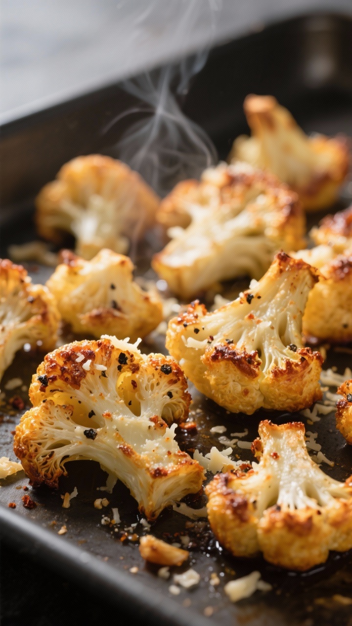 Close-up detail: Crispy Parmesan roasted cauliflower florets fresh from the oven, deep golden-brown