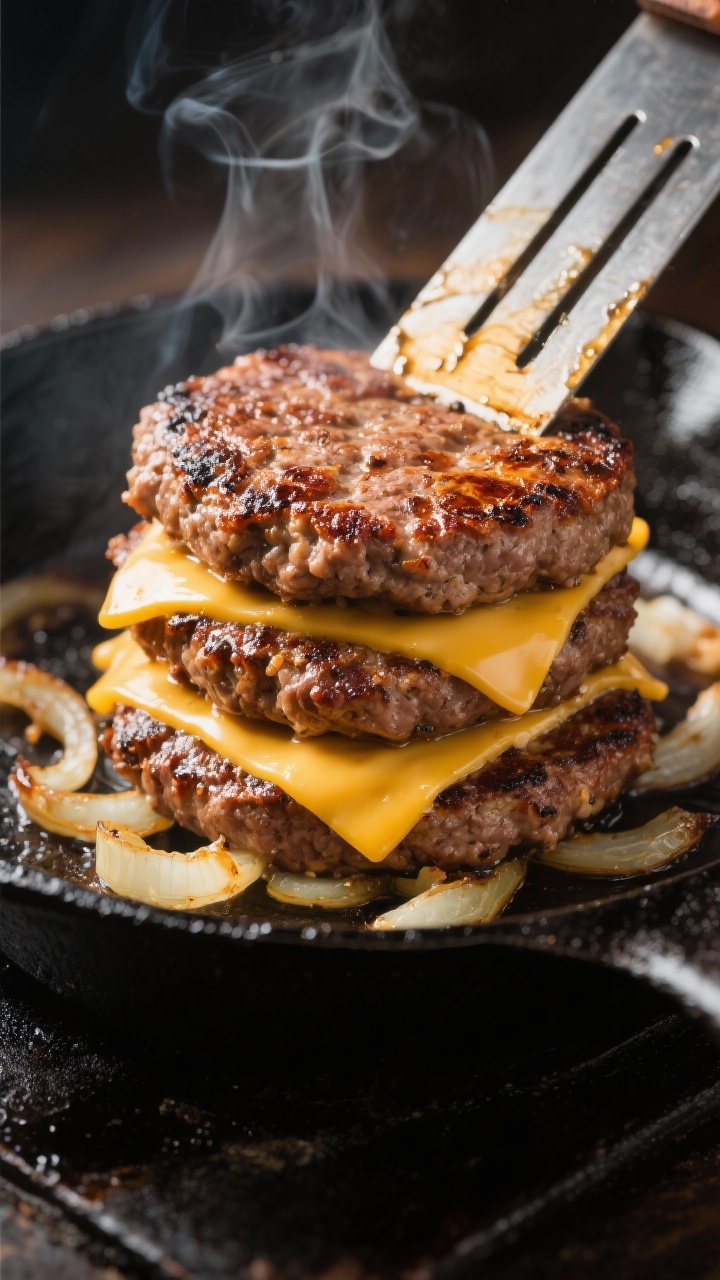Close-up detail: Double smash burger patties just flipped on a ripping-hot cast-iron skillet, edges