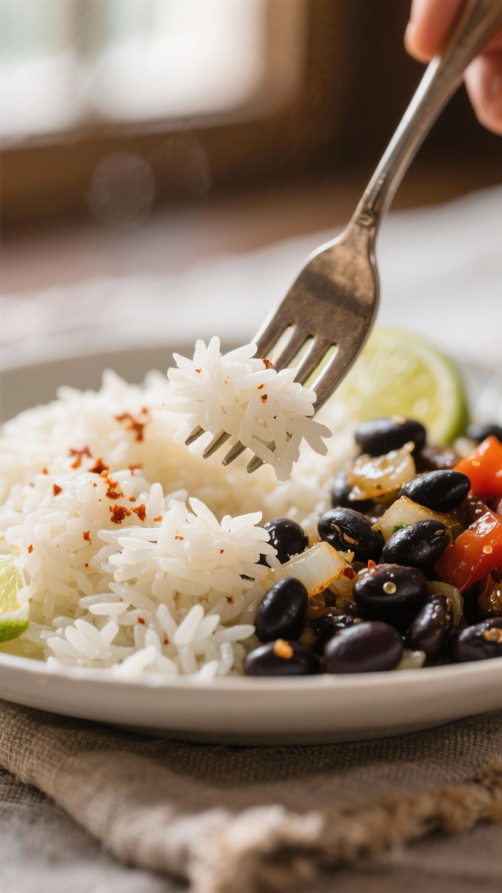 Close-up detail: Fork fluffing perfectly cooked long-grain rice and beans—separate, fluffy white g
