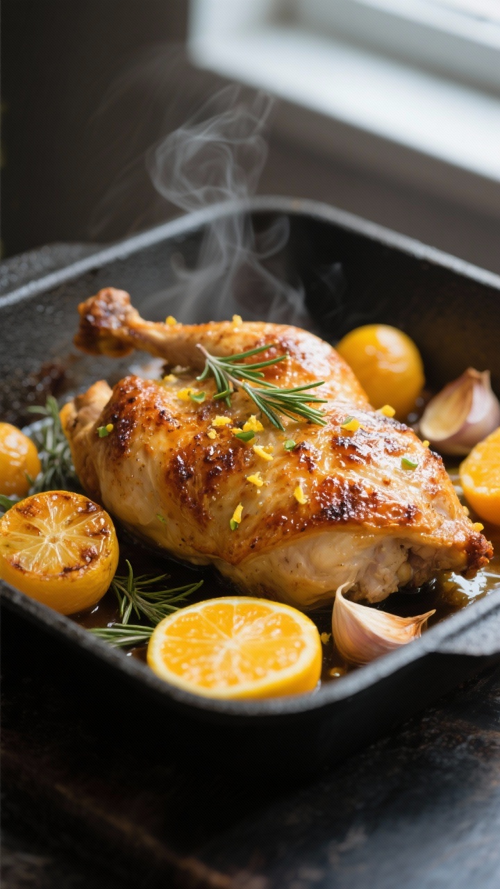 Close-up detail: Golden, blistered chicken skin glistening with citrusy pan juices, flecks of lemon