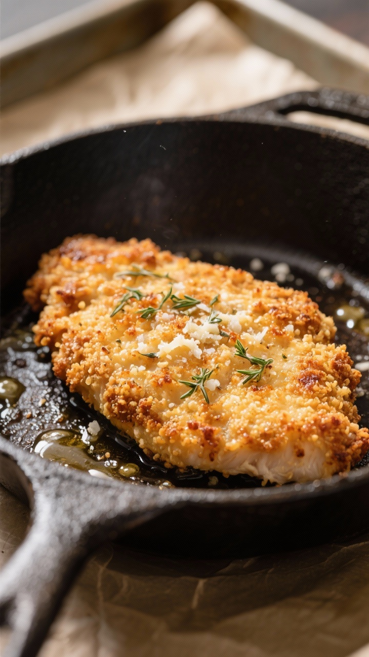 Close-up detail: Golden-brown chicken cutlet just out of the pan, showing ultra-crispy breadcrumb-Pa