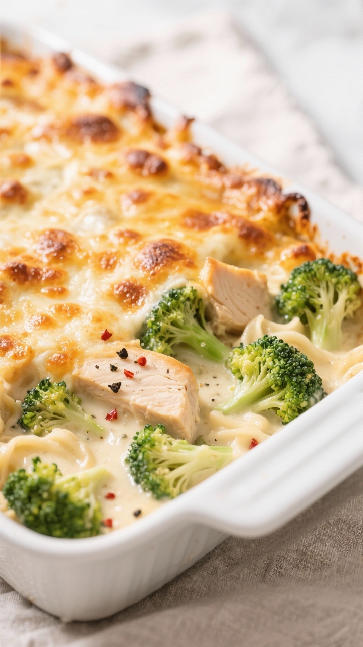 Close-up detail: Golden-bubbly Keto Chicken Alfredo Broccoli Bake just out of the oven, focus on the