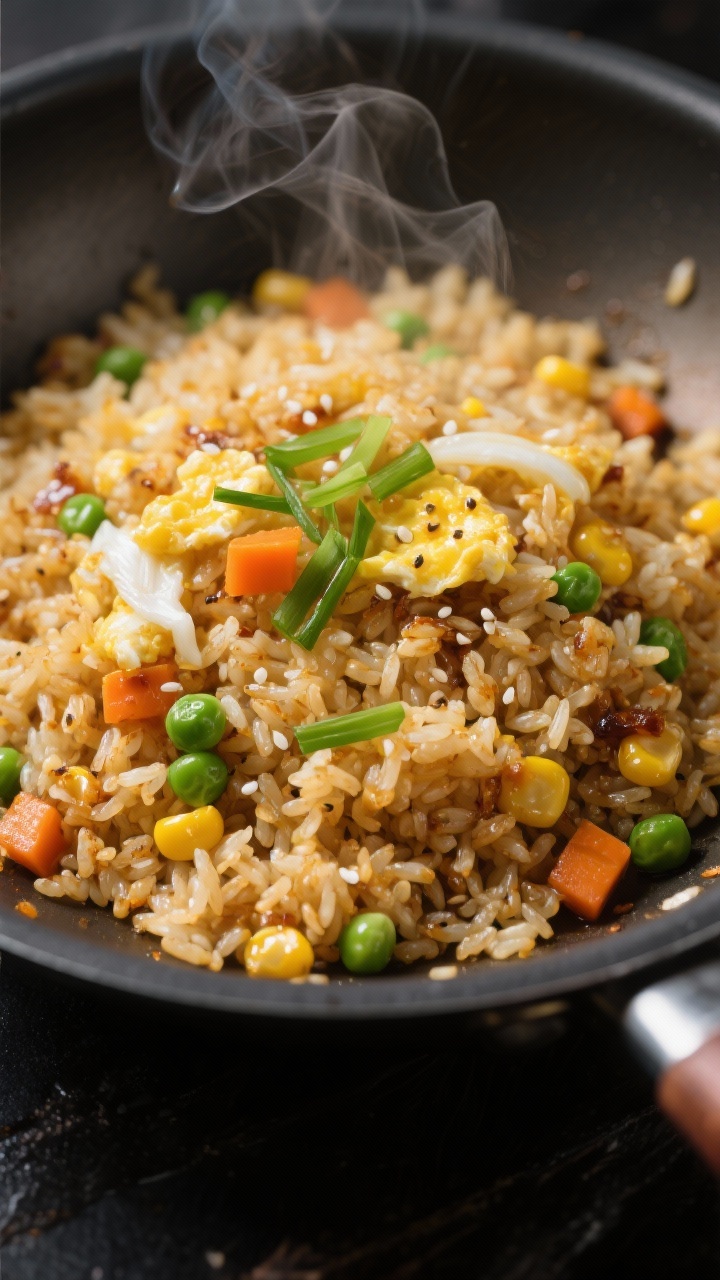 Close-up detail: Golden, crisp-tender fried rice sizzling in a hot skillet, showing distinct day-old