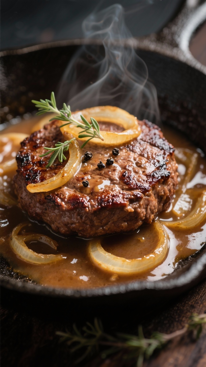Close-up detail: Juicy seared hamburger steak patty nestled in silky onion gravy, showing deep brown