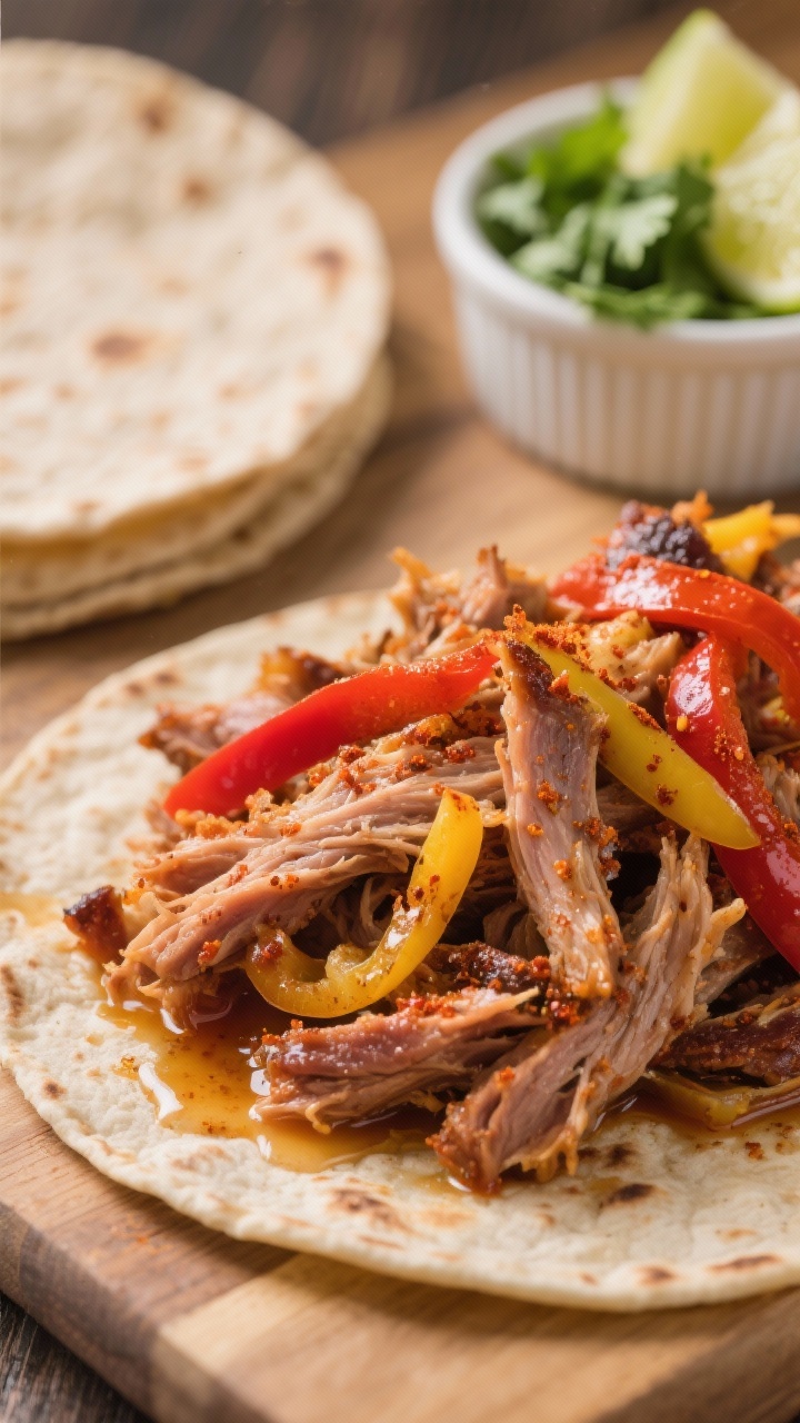 Close-up detail — Pulled pork with peppers for tortillas: macro shot of juicy, shredded pork shoul