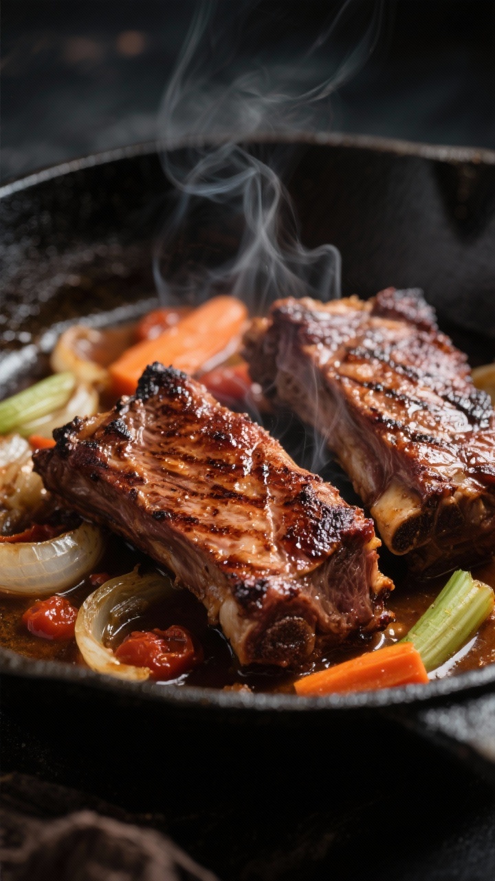 Close-up detail: Sear-marked beef short ribs in a skillet, deeply browned with crisp caramelized edg