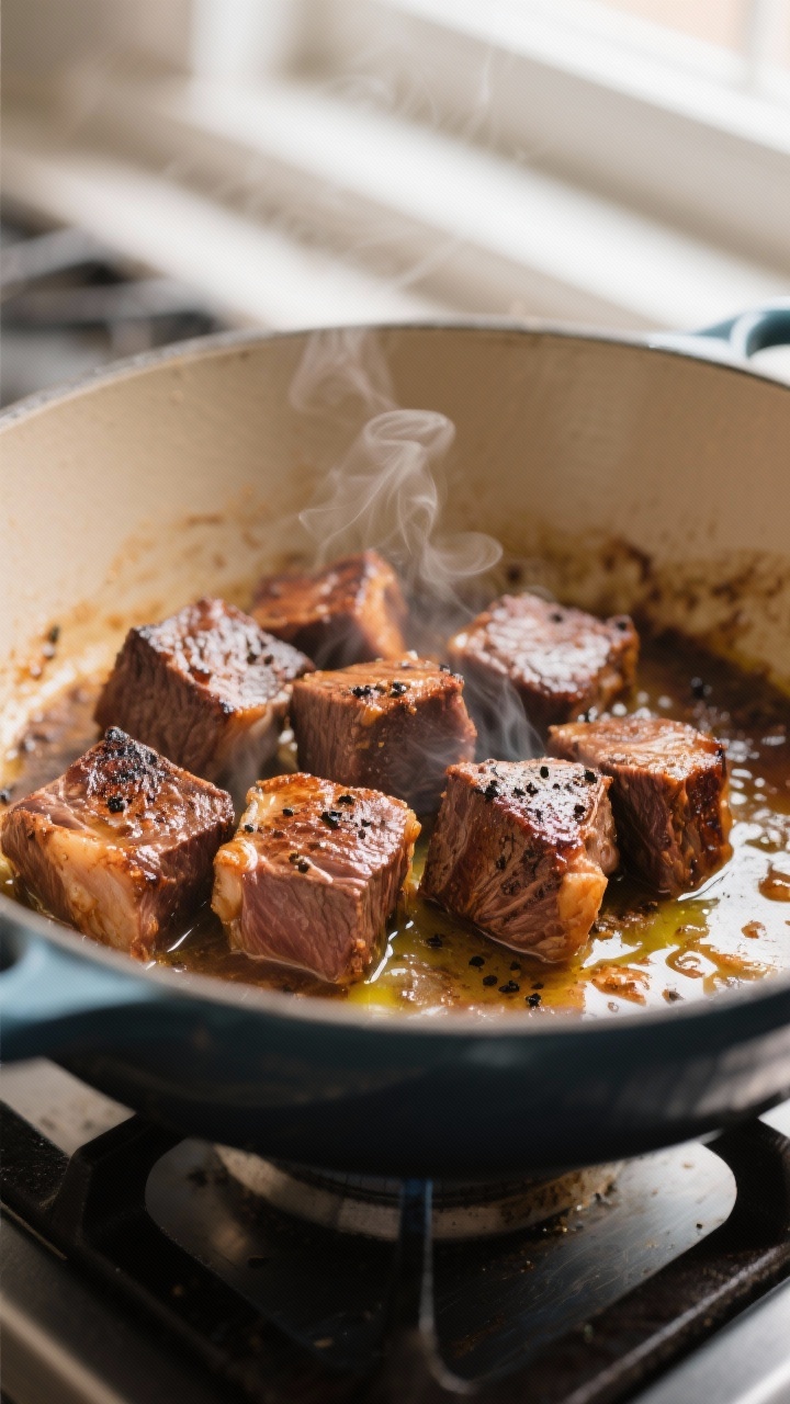 Close-up detail: Searing cubes of beef stew meat in a Dutch oven, deeply browned crust with sizzling