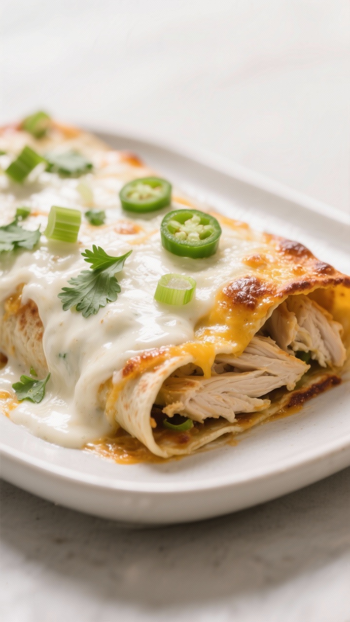 Close-up detail shot: A freshly baked sour cream chicken enchilada just out of the oven, cheese melt