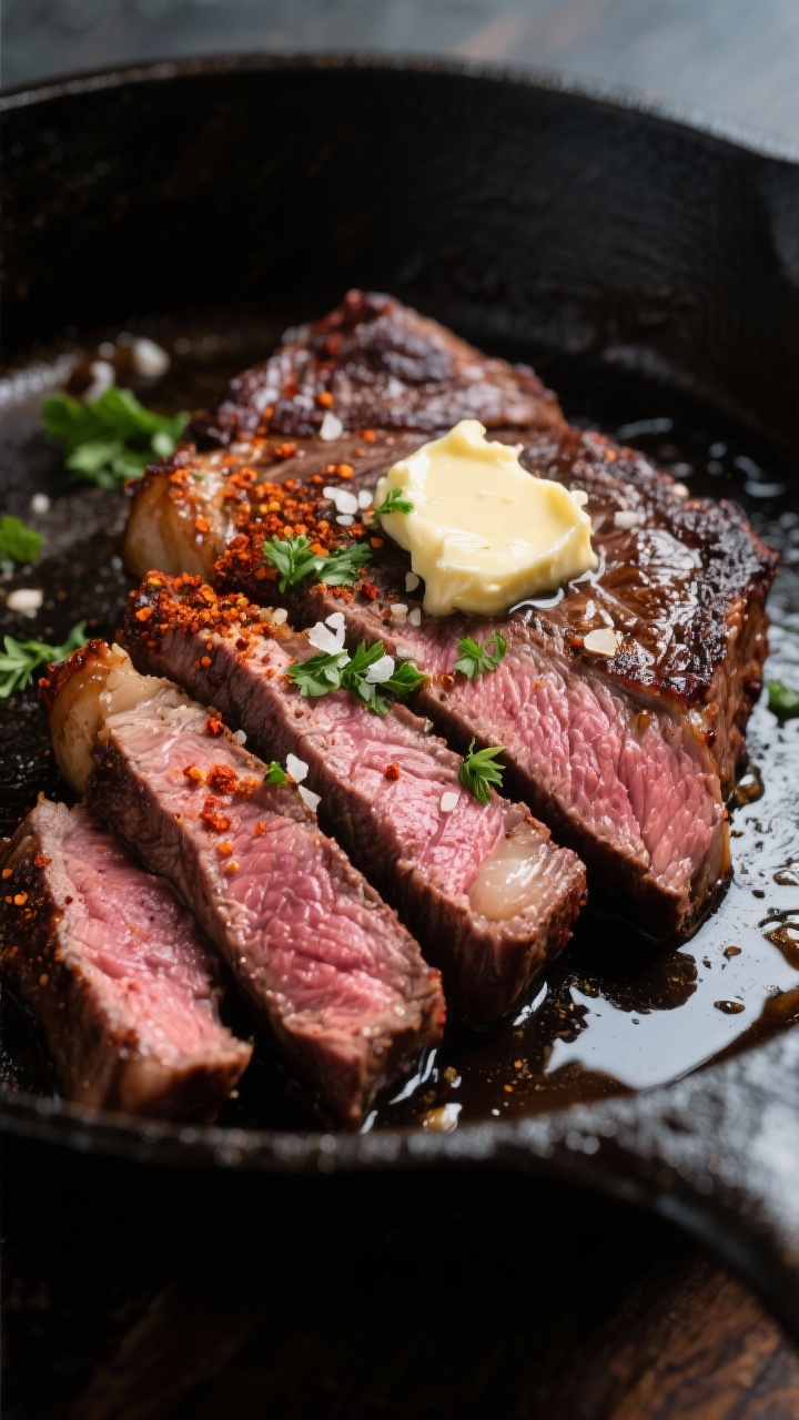Close-up detail: Sliced beef chuck steak cooked medium-rare, showing a deep mahogany seared crust wi