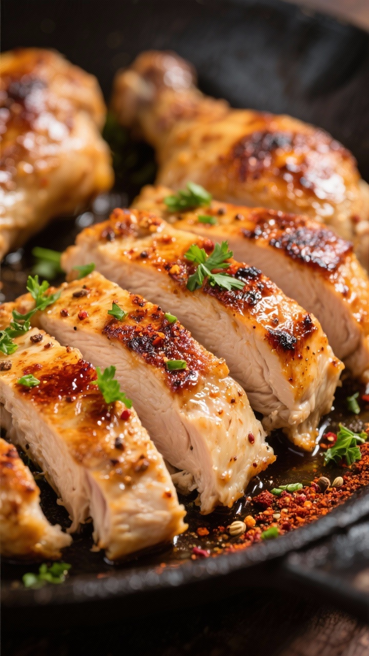 Close-up detail: Sliced shawarma chicken thighs fresh off the skillet, deep golden-brown sear with l