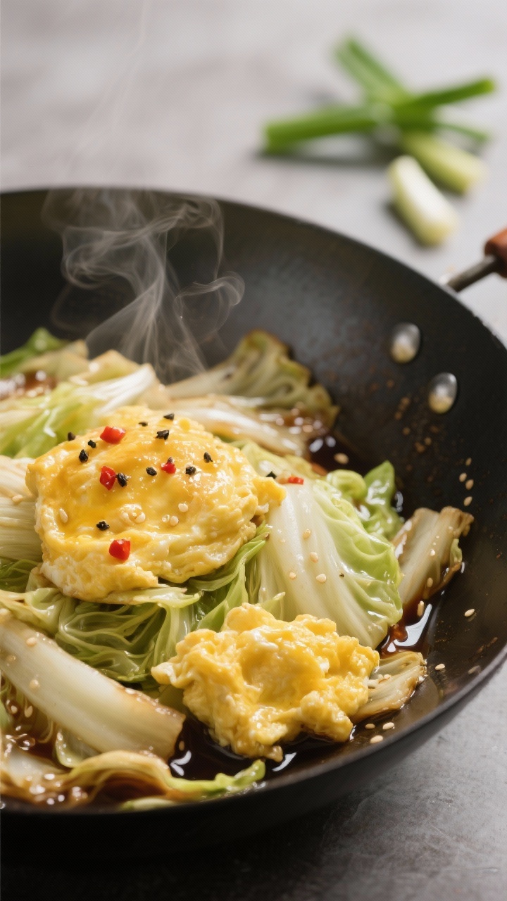 Close-up detail: Soft-scrambled eggs folded into tender, sautéed cabbage ribbons in a wok, glossy f