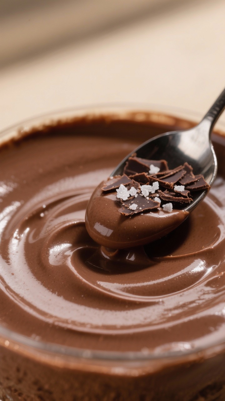 Close-up detail: Spoon sinking into a chilled, ultra-silky chocolate dessert showing a creamy, puddi