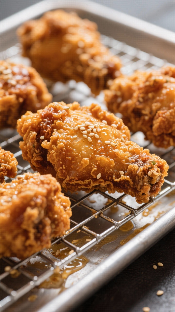 Close-up detail: Ultra-crisp Korean fried chicken just out of the second fry, deep golden crust with
