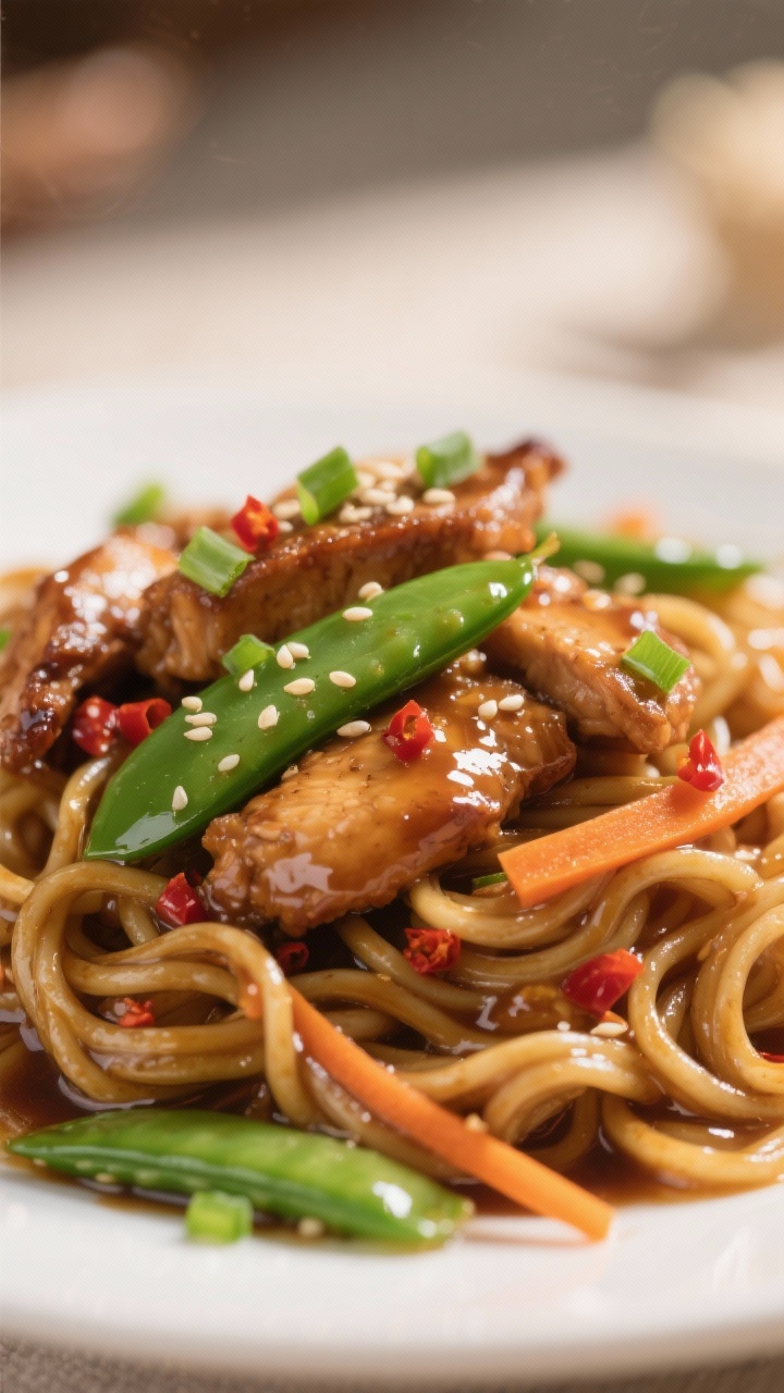 Close-up detail: Ultra-tight macro of glossy noodles coated in silky soy–oyster sauce with tiny se