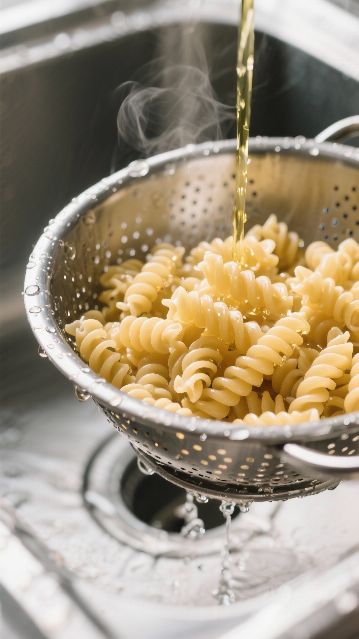Cooking process: Al dente rotini just drained and rinsed, steam fading, glistening with a light toss