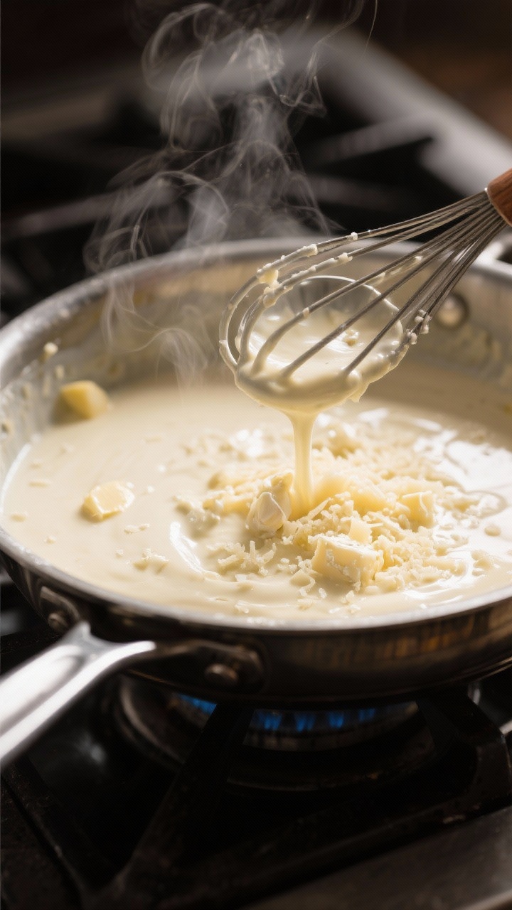 Cooking process: Alfredo sauce being whisked to silky smooth in a stainless saucepan—creamy heavy