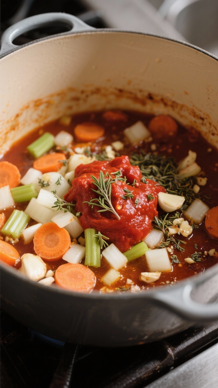 Cooking process: Aromatics and tomato paste in the pot after browning—softened diced onion, carrot