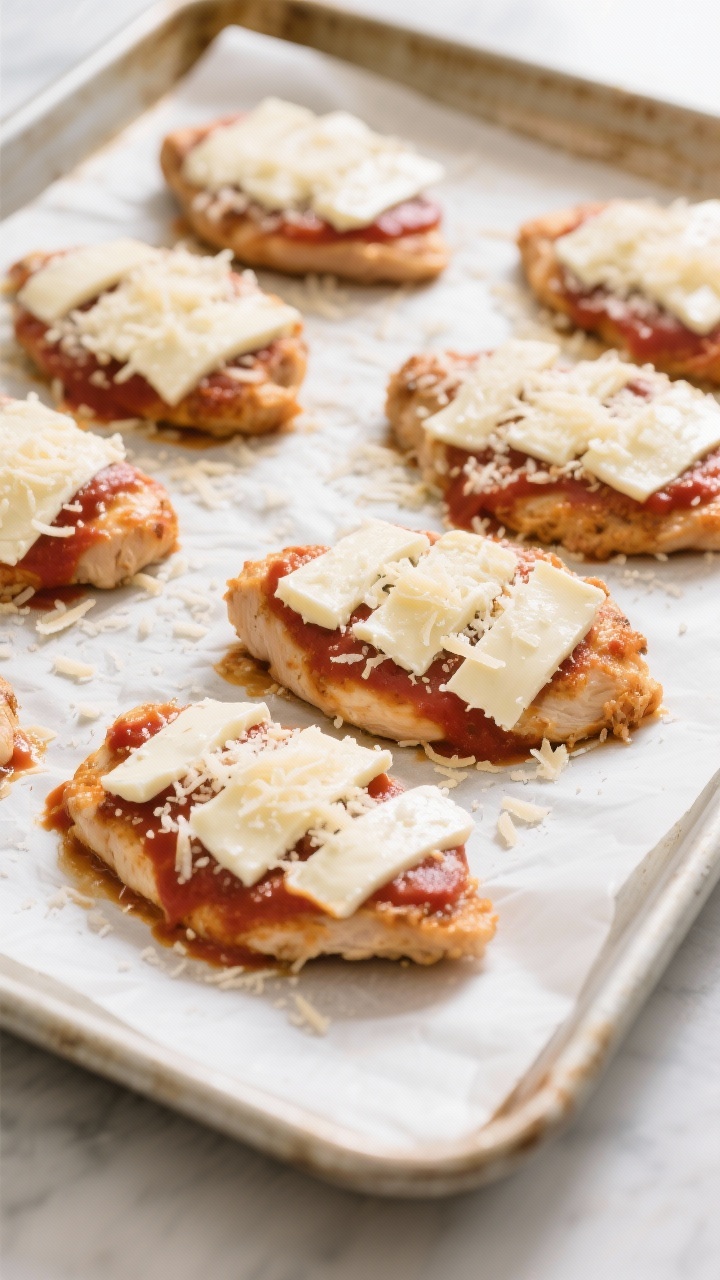 Cooking process: Assembled Chicken Parmesan on a parchment-lined sheet pan right before baking—eac