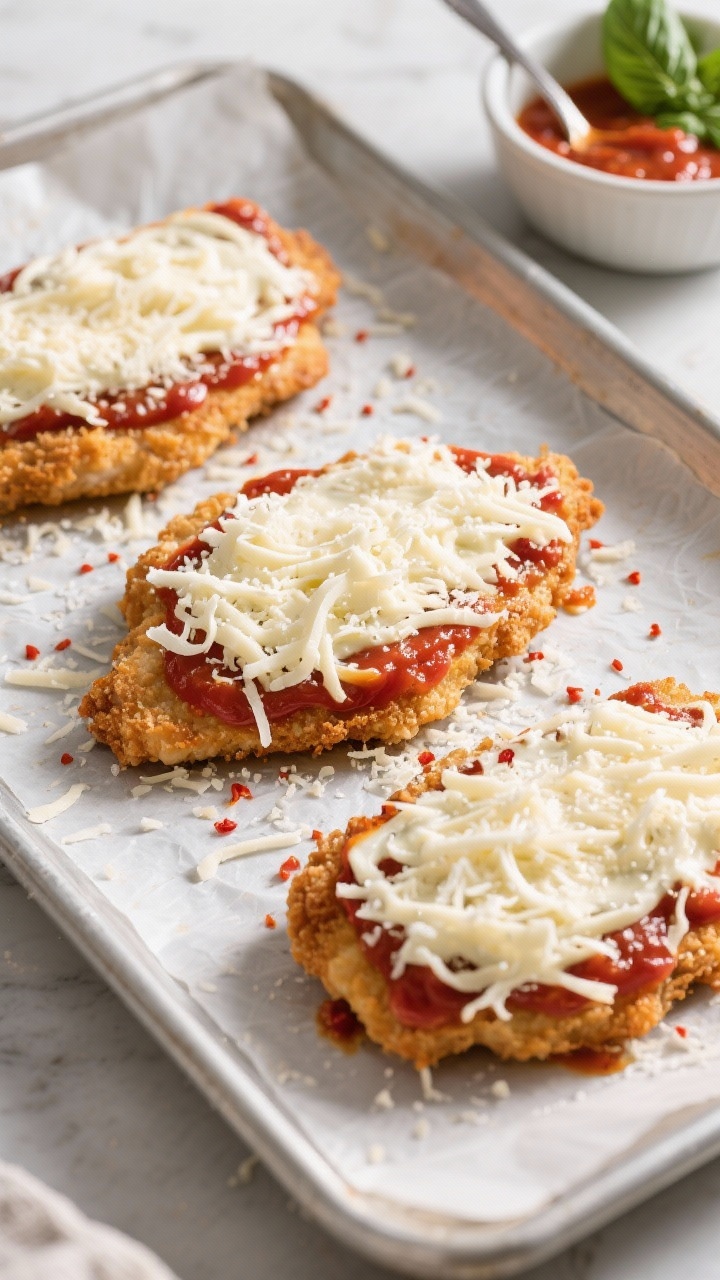 Cooking process: Assembling Chicken Parmesan on a lined sheet pan—each fried cutlet topped with a