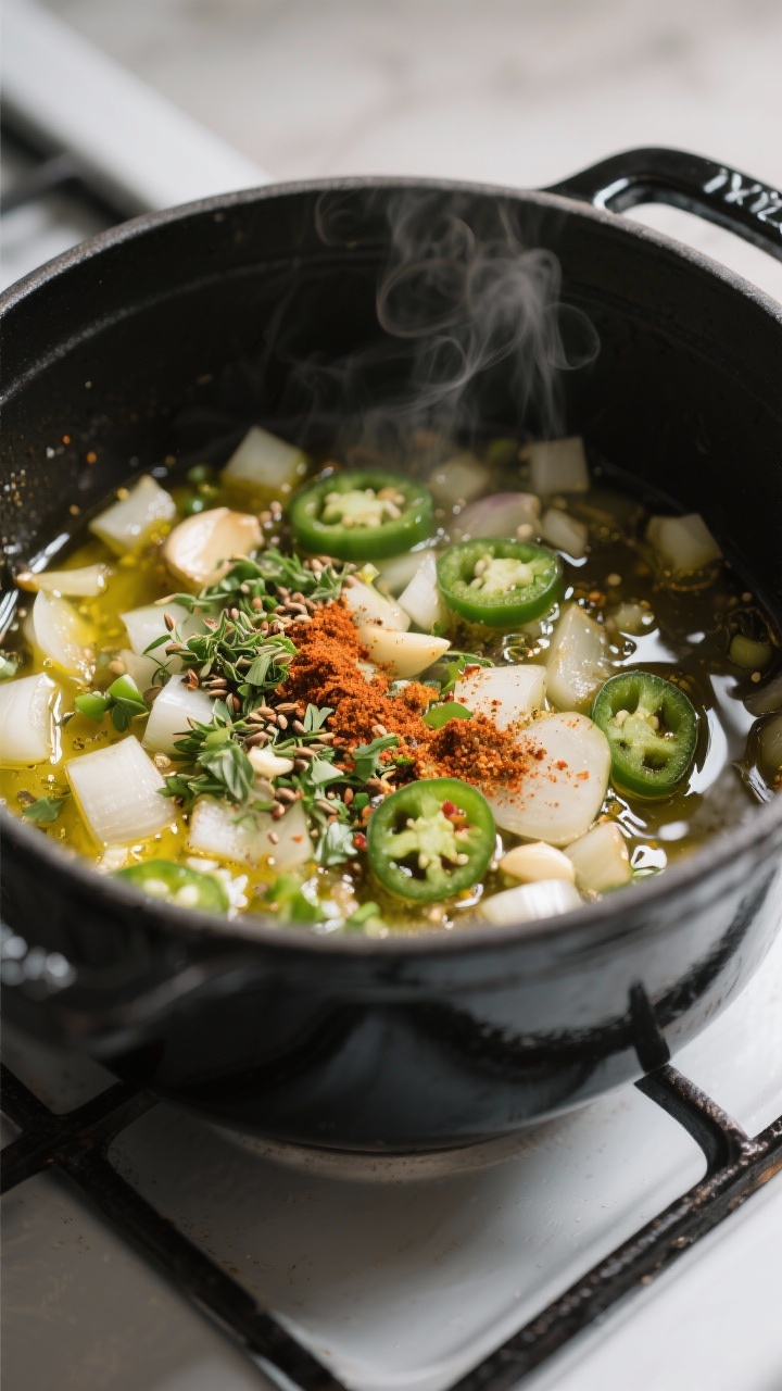Cooking process — Blooming spices in the pot: A medium-close shot of sautéed diced onion, garlic,