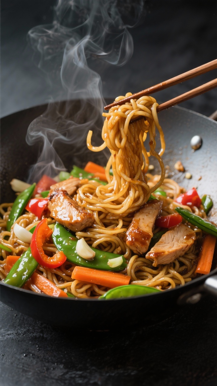 Cooking process: Chicken lo mein mid-stir in a carbon-steel wok over medium-high heat, glossy sauce