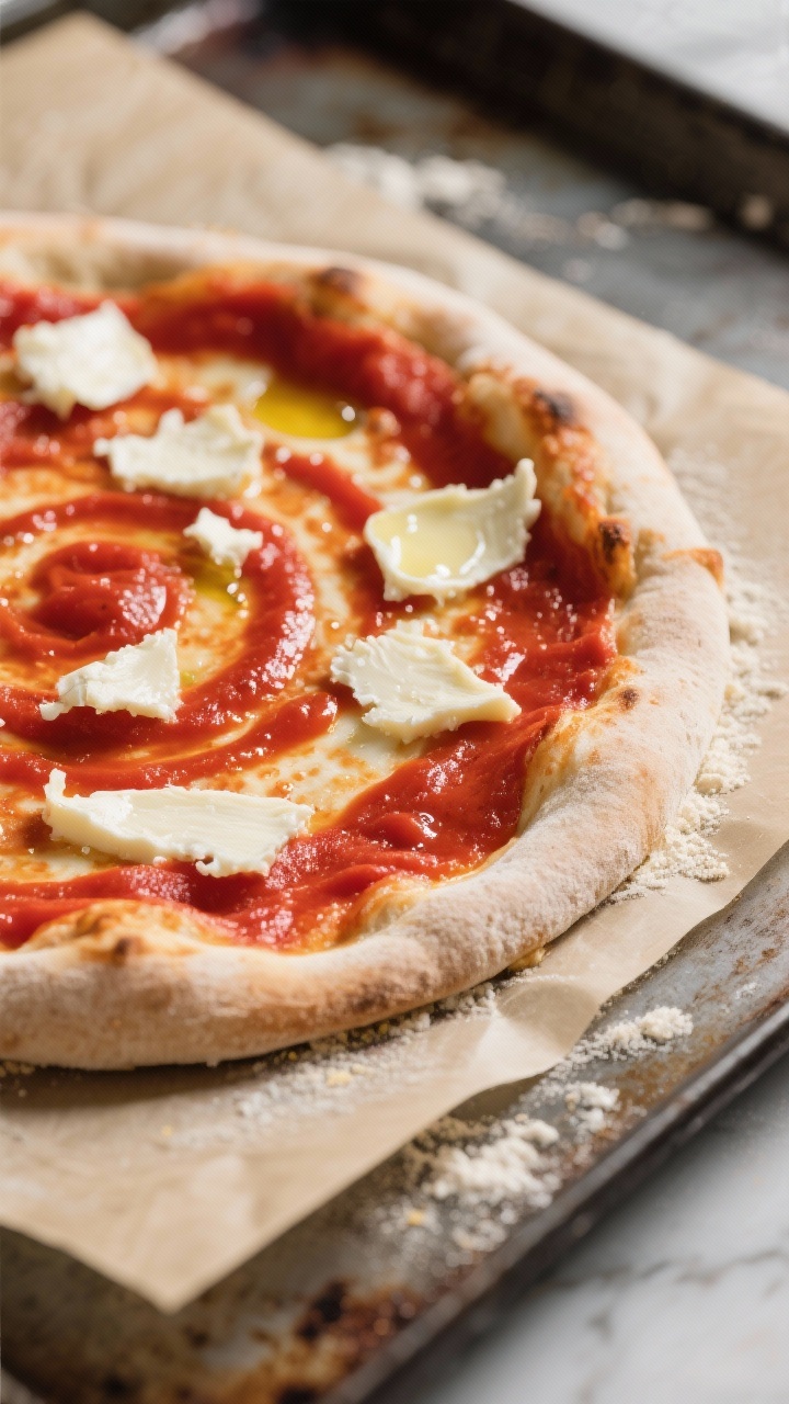 Cooking process close-up: A stretched 12-inch pizza round on a cornmeal-dusted parchment over a preh