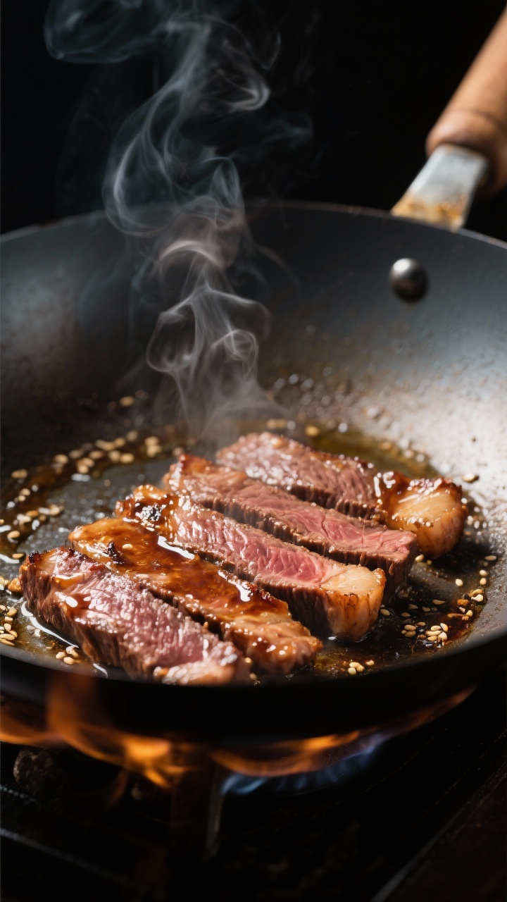 Cooking process close-up: Searing thin slices of flank steak in a sizzling wok over high heat, edges