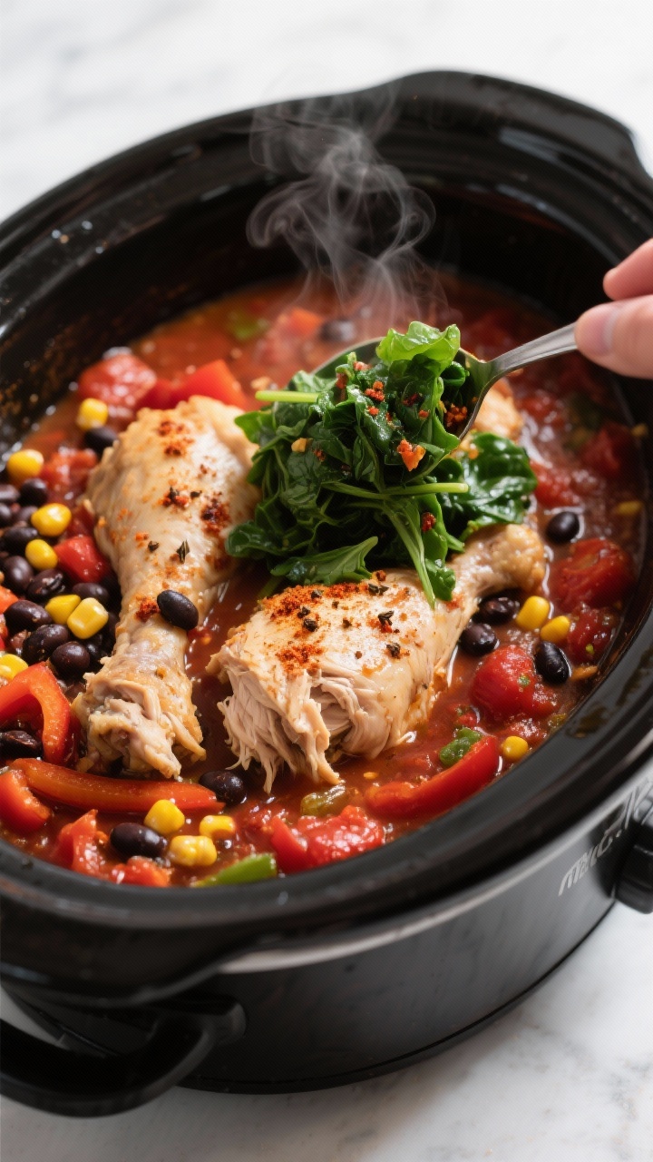 Cooking process — Crockpot Mexican-inspired chicken: close-up of tender, shredded chicken thighs n
