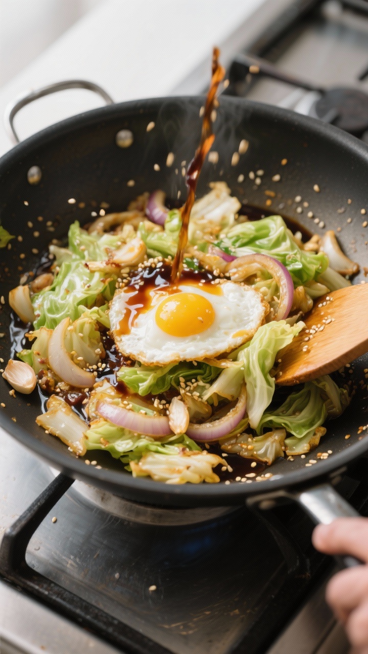 Cooking process: Egg and Cabbage Stir Fry mid-toss in a large skillet, cabbage slightly wilted with