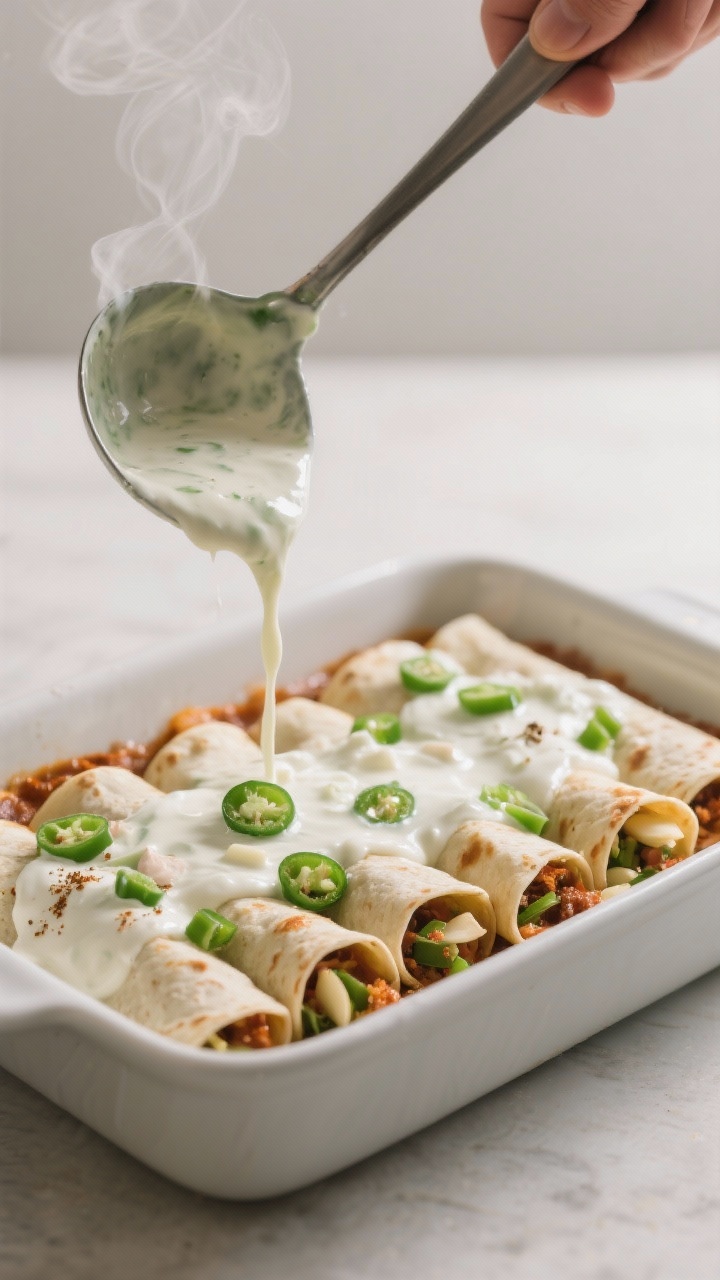 Cooking process: Ladle pouring the velvety white-green enchilada sauce (chicken broth + sour cream +