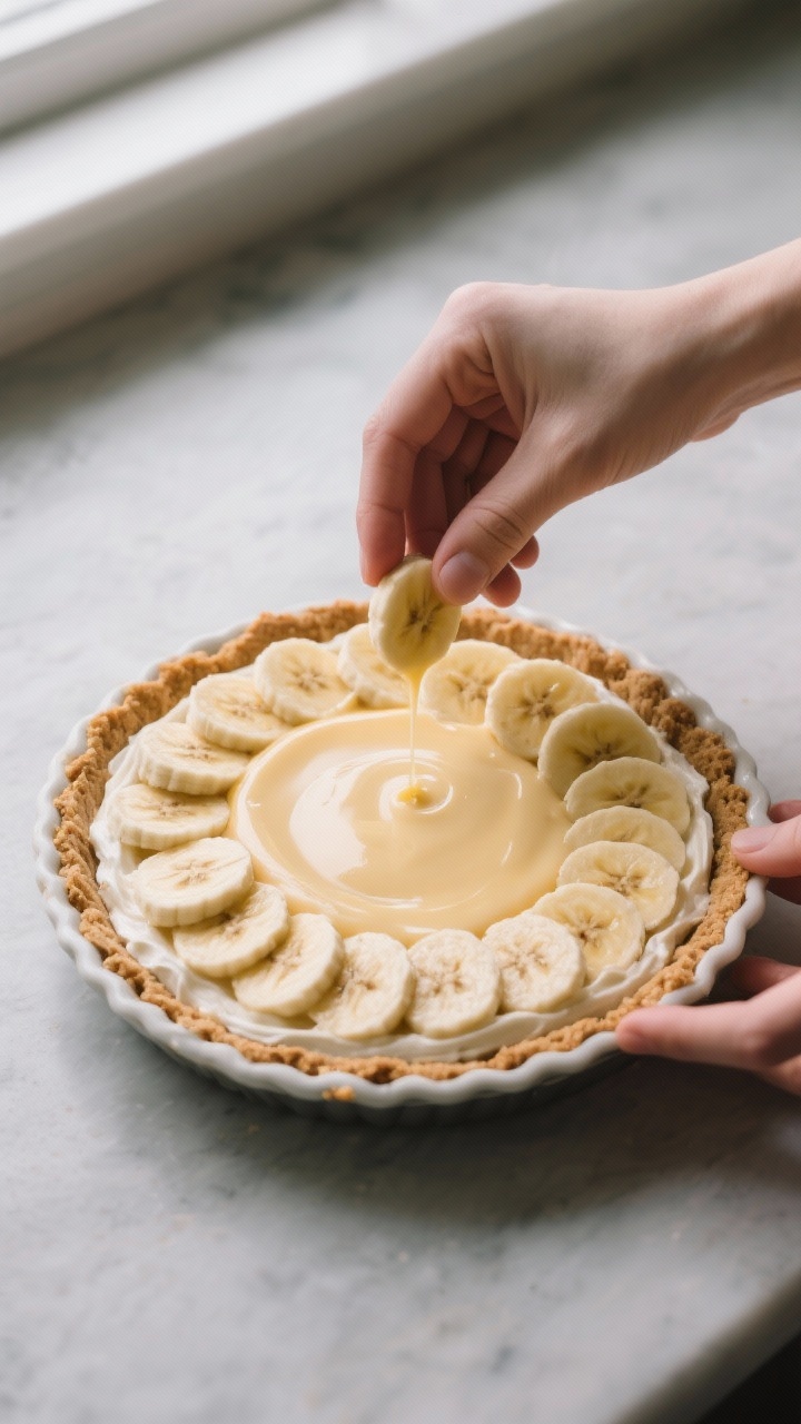 Cooking process: Layering the banana cream pie in a cooled graham cracker crust—thin layer of warm