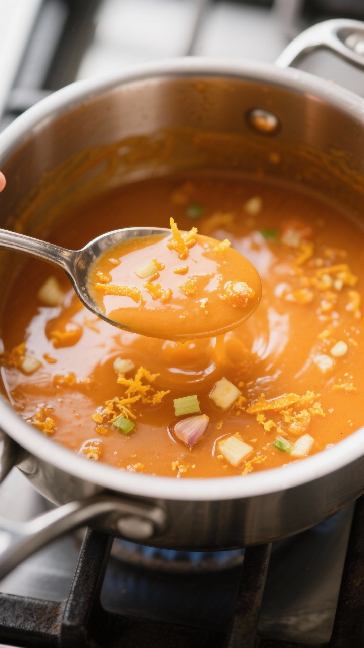 Cooking process: Orange sauce thickening in a stainless saucepan—silky, amber-orange glaze coating