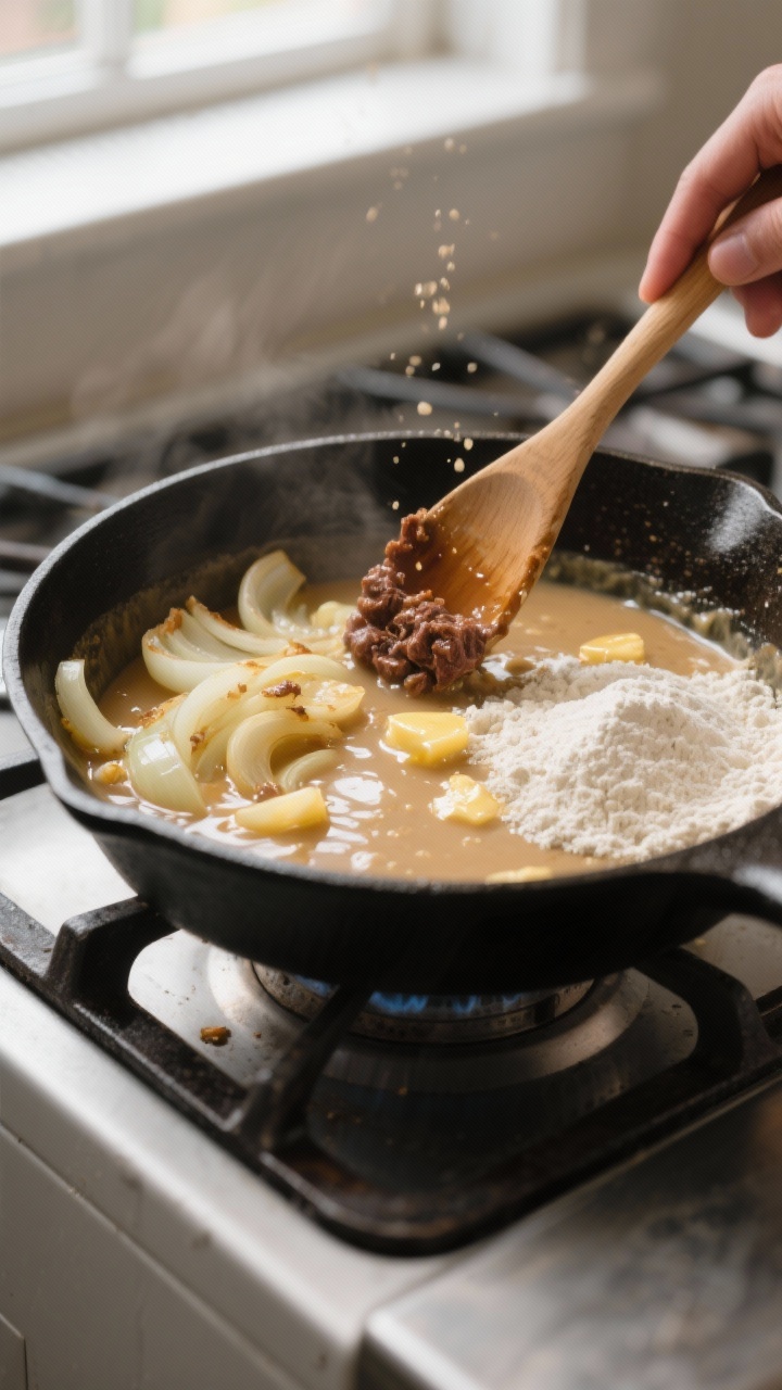 Cooking process: Over-the-pan shot of sliced onions turning soft and golden in butter while flour is