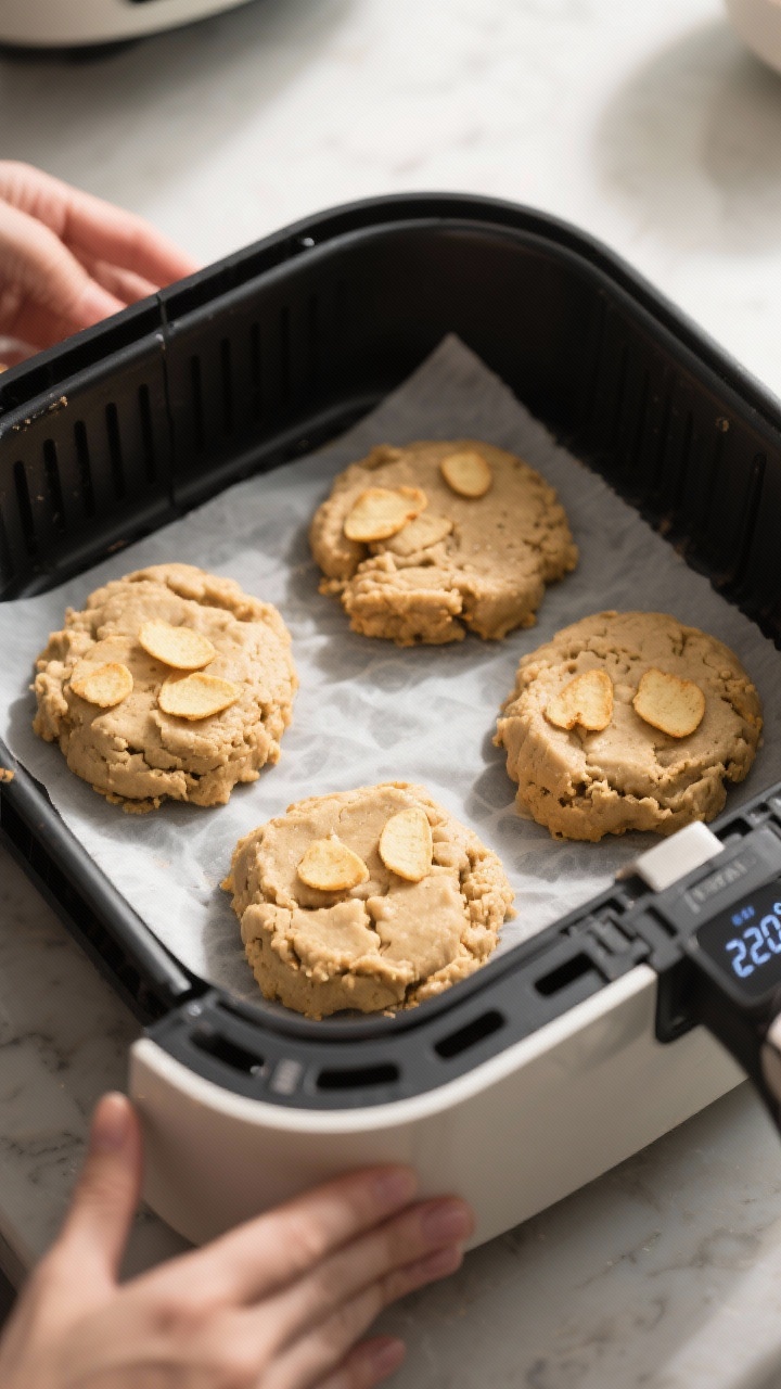 Cooking process: Overhead shot of 4–5 cookie dough mounds flattened to about 3/4-inch on parchment