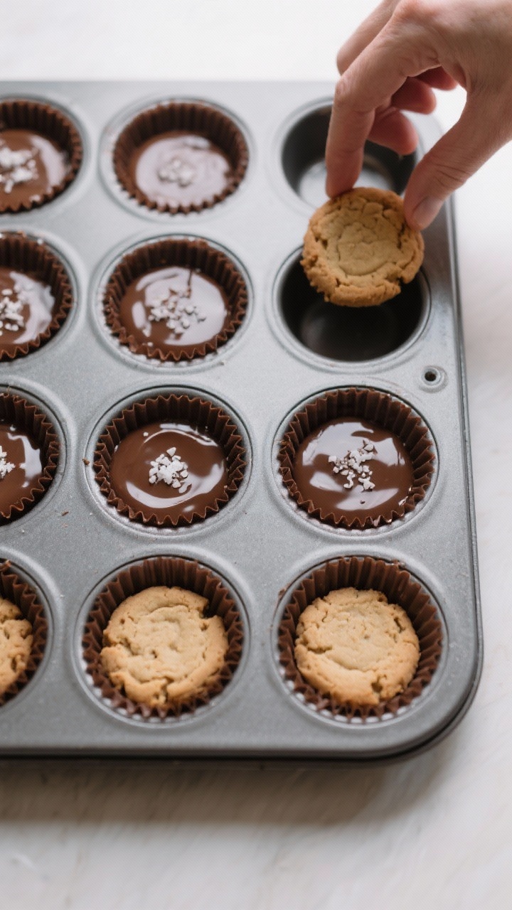 Cooking process: Overhead shot of a lined muffin tin with set chocolate bases and neatly portioned,