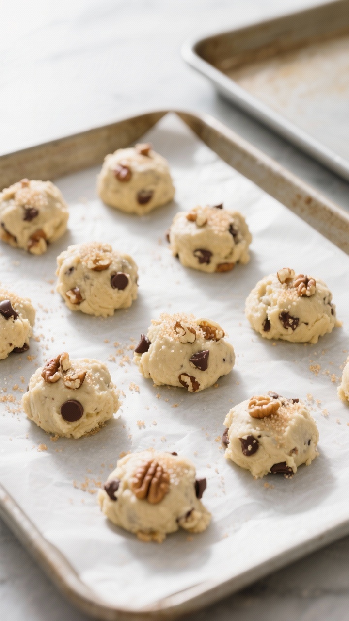 Cooking process: Overhead shot of a parchment-lined baking sheet with evenly spaced scoops of chille