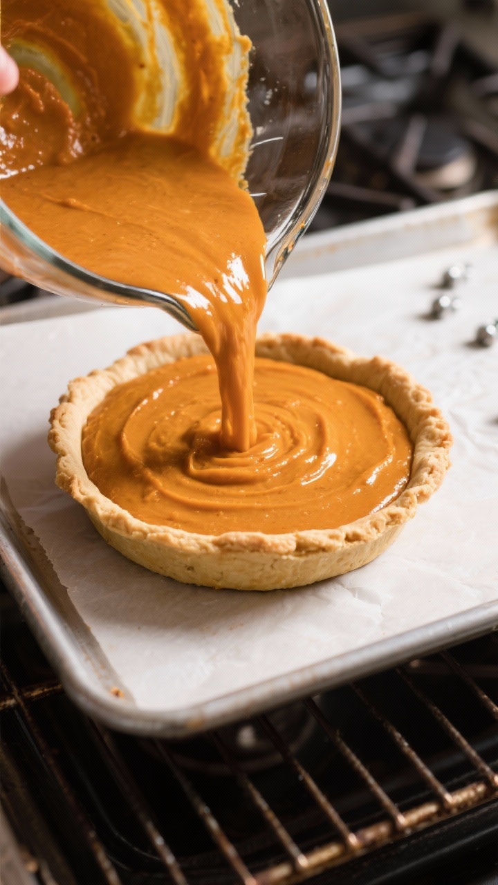 Cooking process: Overhead shot of a warm, par-baked 9-inch crust on a baking sheet as the silky pump