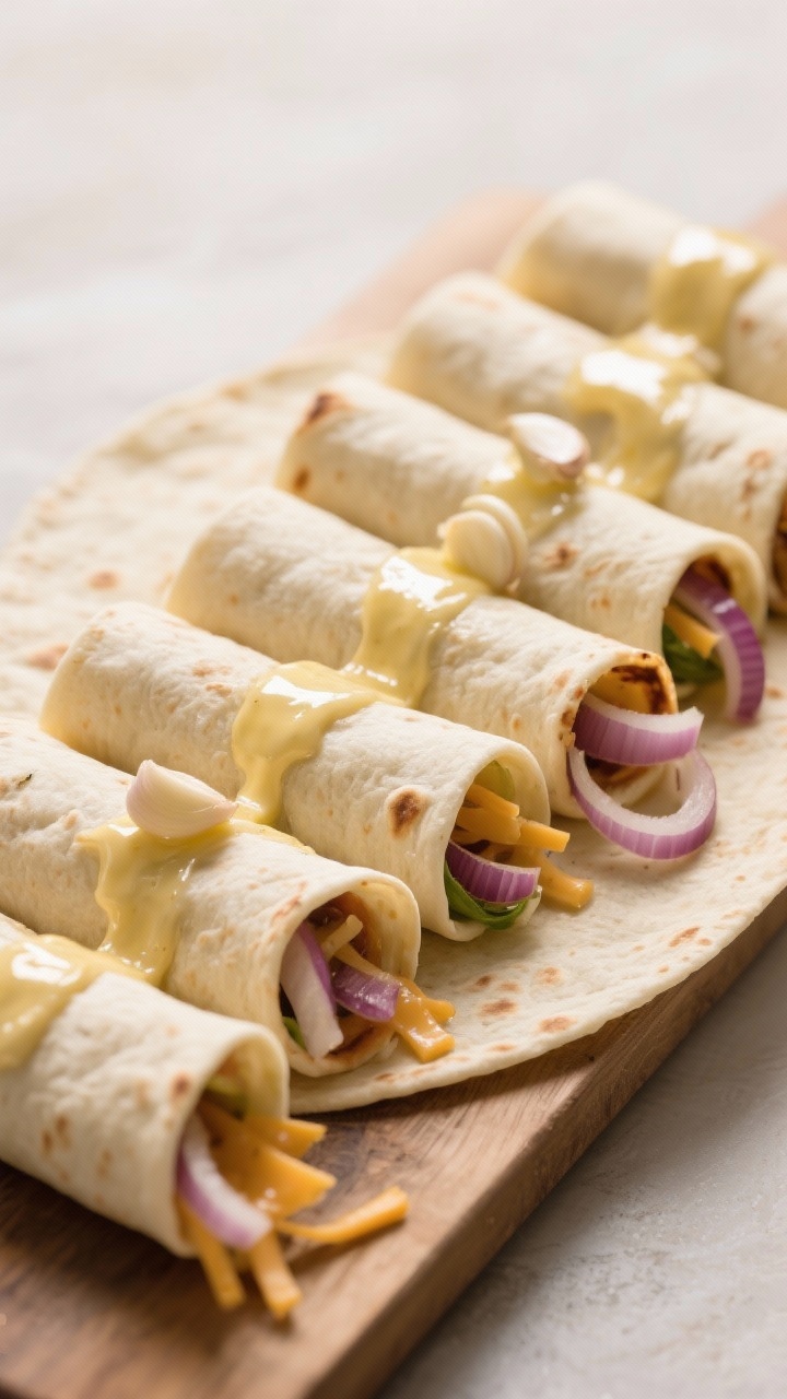 Cooking process: Overhead shot of assembled roll ups just before crisping—tight, neatly rolled tor