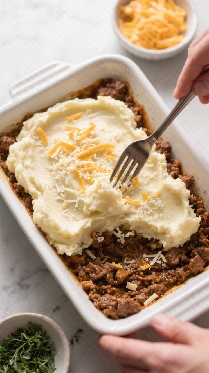 Cooking process: Overhead shot of assembling shepherd’s pie in a 9x13 white ceramic baking dish—