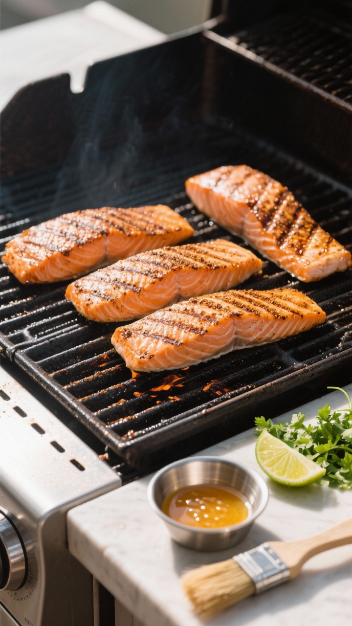 Cooking process: Overhead shot of four salmon fillets just flipped on a gas grill at medium-high hea